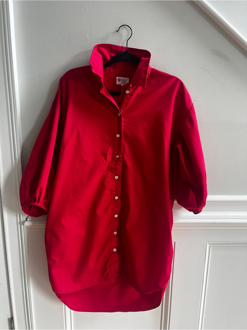Holly Shae Design Red High Low Button Down Shirt Dress M/L Pockets
